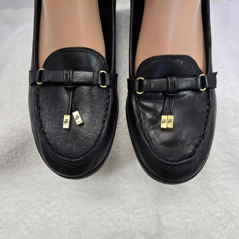 Lauren Ralph Lauren Rory Black  Leather Tassel Loafer Wedge Heels Women 9.5 B